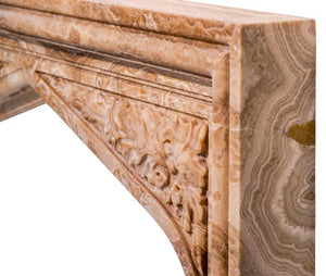 Fireplace surround, Villohome honey onyx translucent natural stone, French Villa style with hand-carved floral relief.