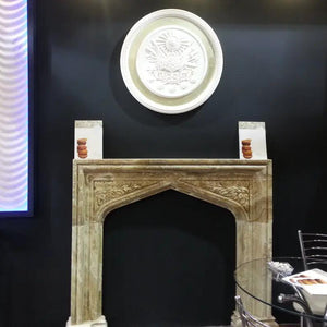 Fireplace surround: honey onyx translucent natural stone, French villa style, hand-carved mantel.