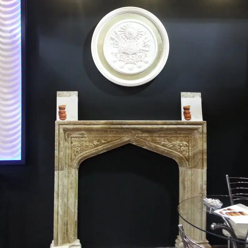 Fireplace surround: honey onyx translucent natural stone, French villa style, hand-carved mantel.