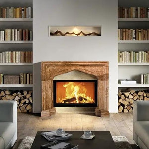 Honey Onyx fireplace surround, translucent natural stone, hand-carved French villa style.