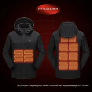 LITEGUEST 10-Zone Softshell Heated Jacket in black; two-view front and back showing 10 heating zones