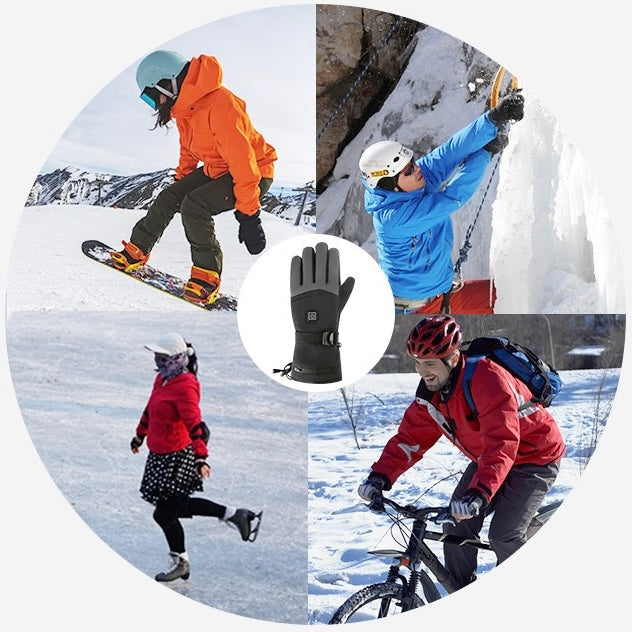 LITEGUEST Heated Gloves by SmartTherm OutdoorLiteGear Inc.; black USB-powered winter gloves for outdoor protection, shown as a four-scene collage.