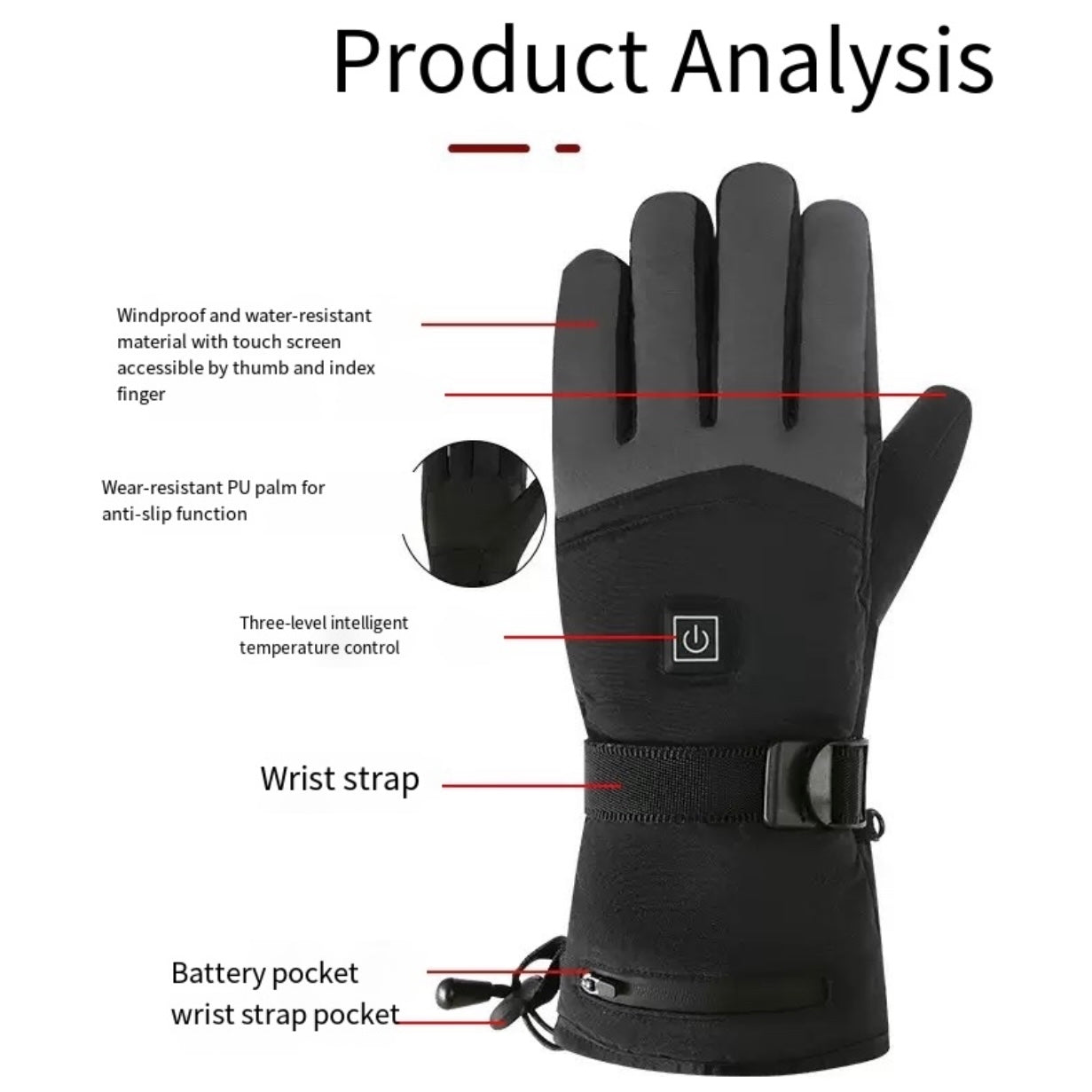 LITEGUEST Heated Gloves, black USB-powered gloves with three-level temperature control and wrist strap battery pocket
