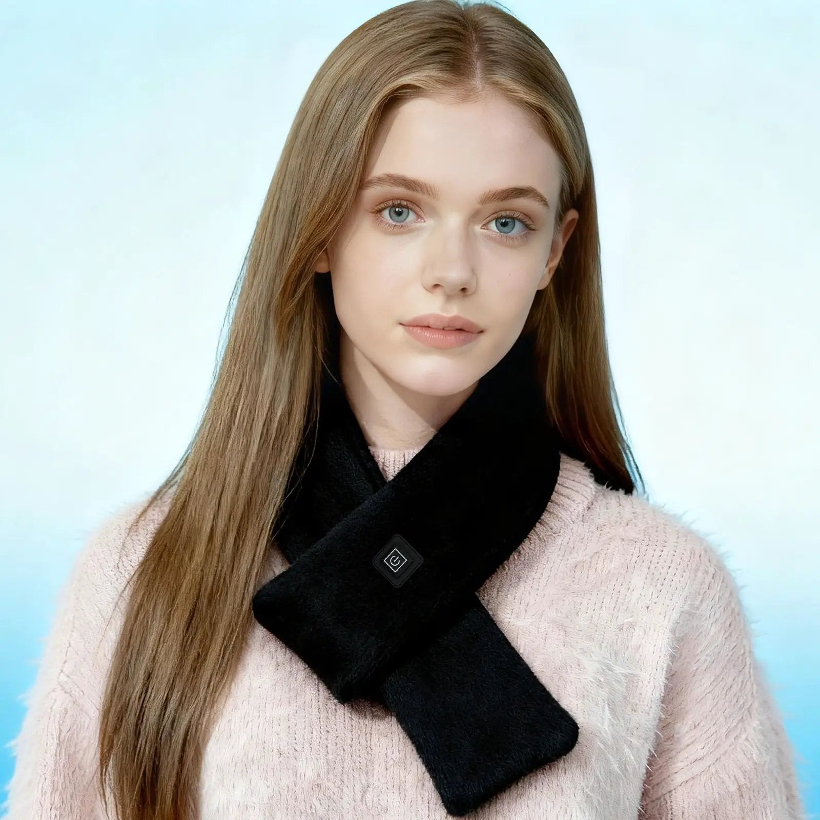 LITEGUEST USB Heated Neck Scarf in black with SmartTherm control badge, soft fleece feel, worn by model.