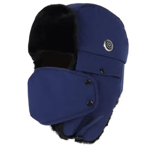 LITEGUEST heated trapper hat, blue with black faux-fur lining, USB rechargeable.