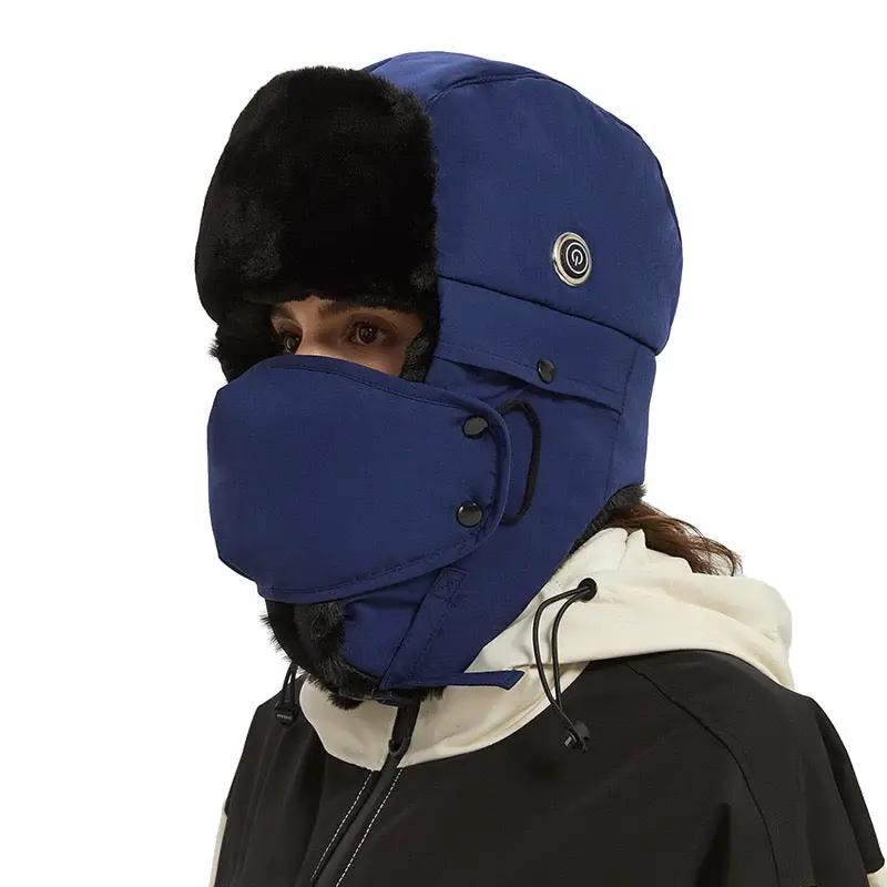 LITEGUEST Heated Trapper Hat, blue with black faux-fur trim, USB-rechargeable outdoor winter hat
