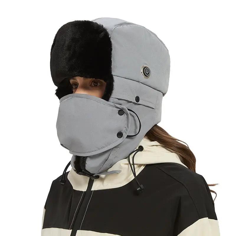 Hat: LITEGUEST Heated Trapper Hat by SmartTherm OutdoorLiteGear, gray with black faux fur interior and face mask