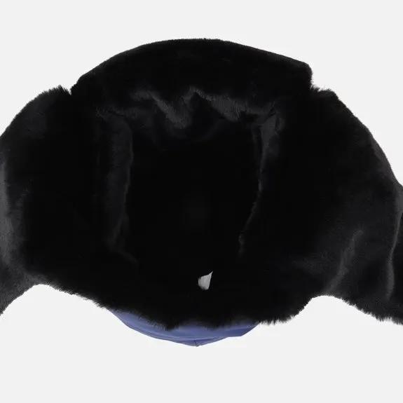 LITEGUEST Heated Trapper Hat black faux fur with blue trim, winter hat