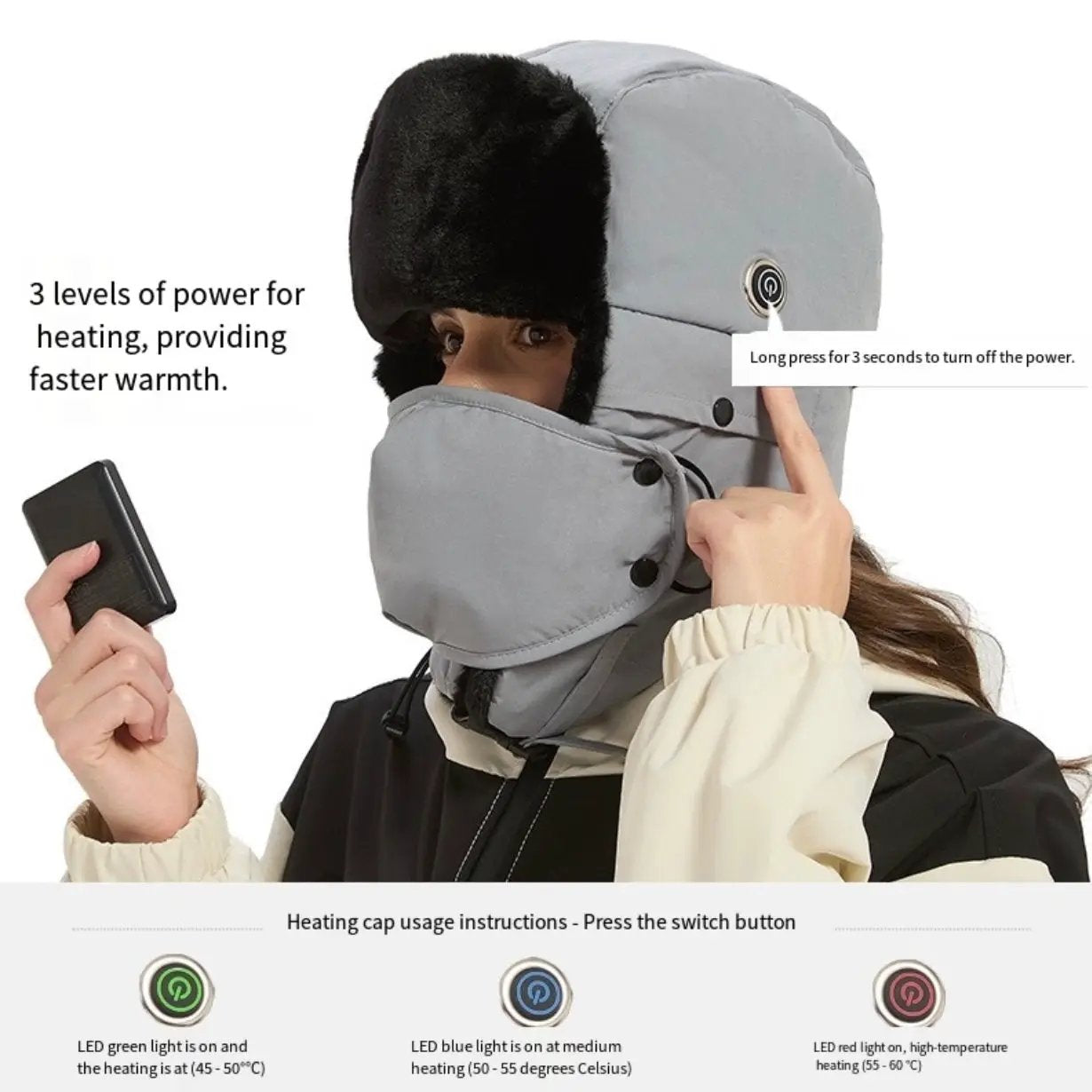 LITEGUEST heated trapper hat, USB-rechargeable gray winter hat with black faux-fur ear flaps.
