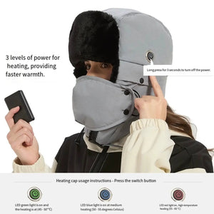 LITEGUEST heated trapper hat, USB-rechargeable gray winter hat with black faux-fur ear flaps.
