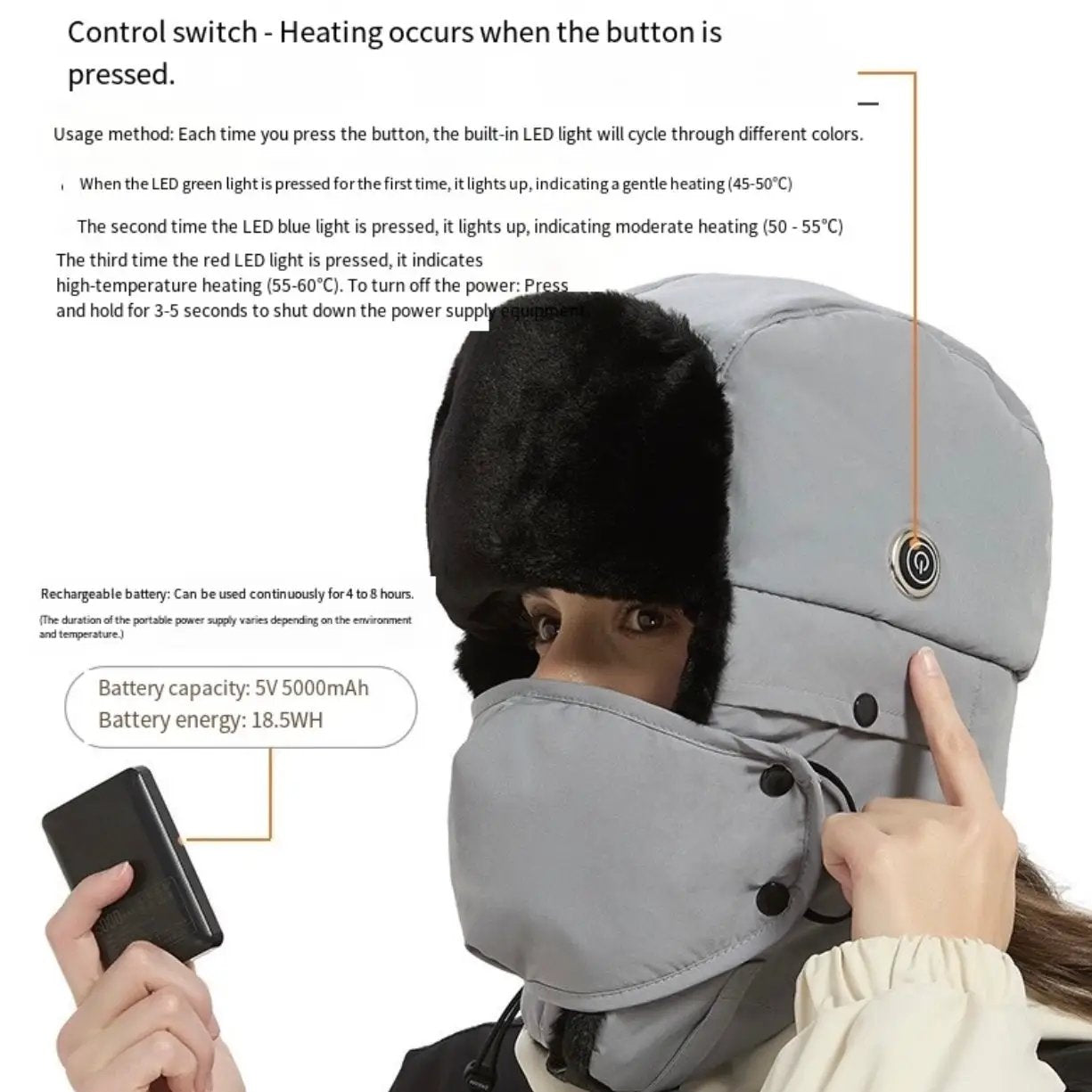 LITEGUEST heated trapper hat, USB rechargeable winter hat in gray with black fur ear flaps.