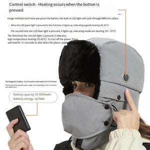 LITEGUEST heated trapper hat, USB rechargeable winter hat in gray with black fur ear flaps.