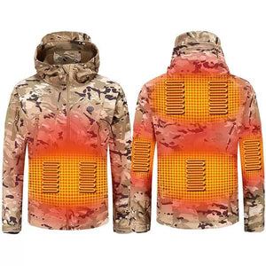 LITEGUEST 7-Zone Heated Camouflage Jacket, camo pattern with orange heat zones, 2 jackets shown