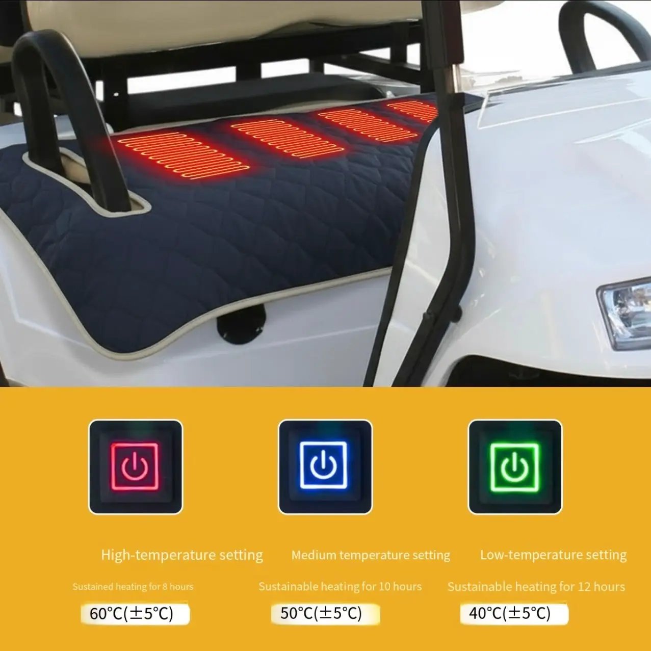 LITEGUEST USB heated golf cart seat cushion in blue quilted fabric with red heating elements and 3 temperature controls.