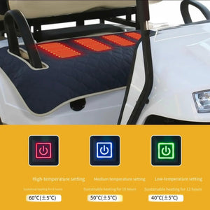 LITEGUEST USB heated golf cart seat cushion in blue quilted fabric with red heating elements and 3 temperature controls.