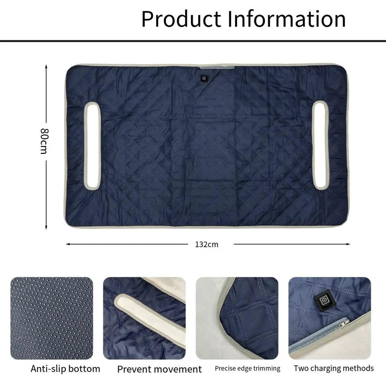 LITEGUEST USB heated golf cart seat cushion, navy quilted with two handles