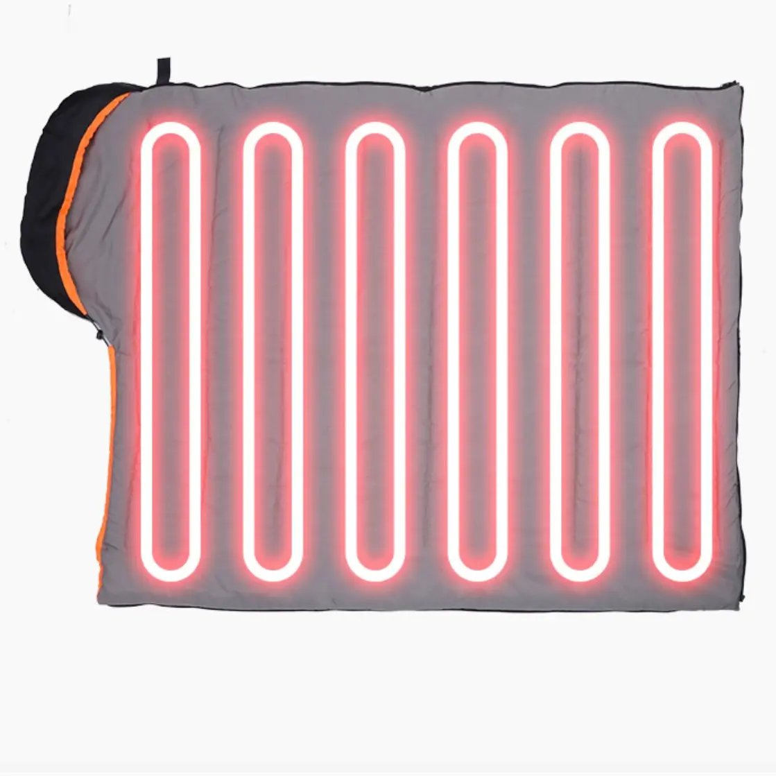 LITEGUEST Winter Heated Single Sleeping Bag, grey with orange zipper, USB warmth coils visible.