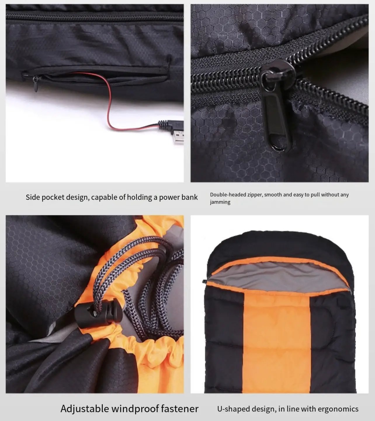 LITEGUEST Winter Heated Single Sleeping Bag, black with orange lining, USB-powered warmth.