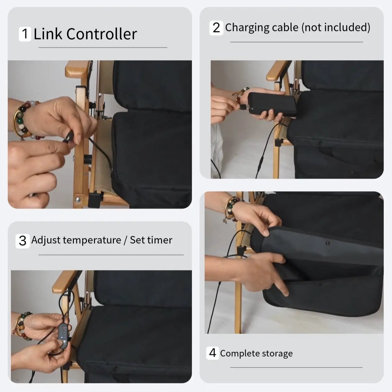 LITEGUEST USB Heated Stadium Seat Cushion in black with controller and USB cable on a bleacher chair