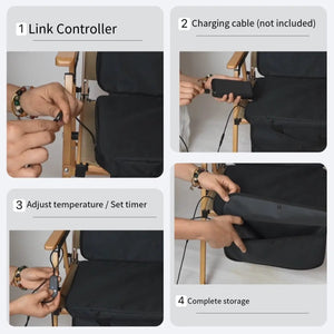 LITEGUEST USB Heated Stadium Seat Cushion in black with controller and USB cable on a bleacher chair