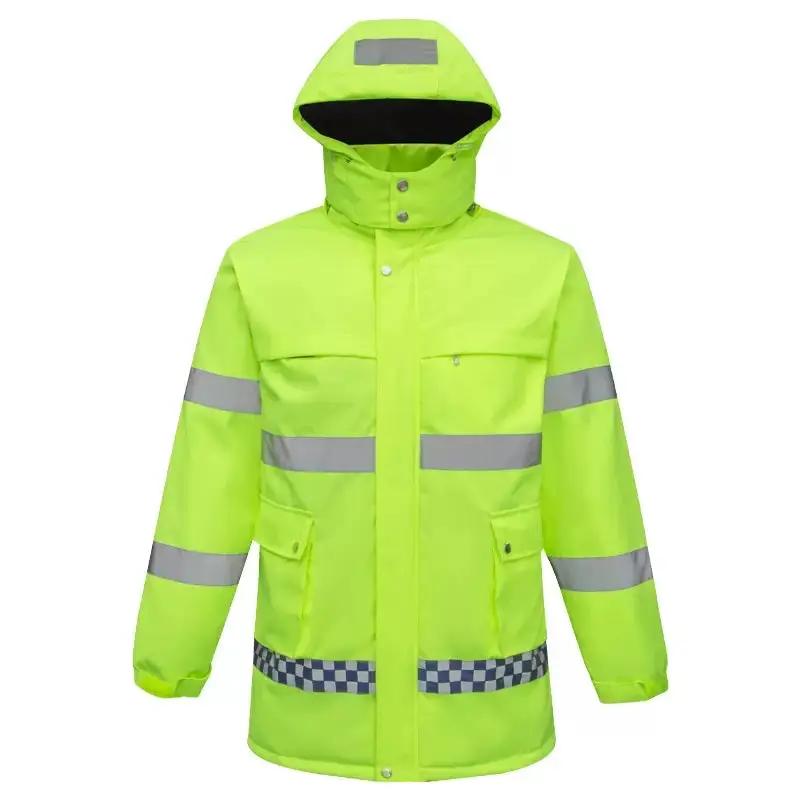 LITEGUEST USB heated reflective waterproof work jacket in neon yellow with hood and reflective bands