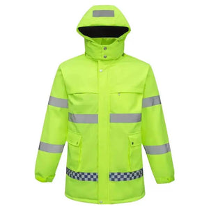 LITEGUEST USB heated reflective waterproof work jacket in neon yellow with hood and reflective bands
