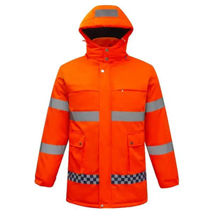 LITEGUEST USB Heated Reflective Waterproof Hooded Work Jacket, high-visibility orange with reflective bands