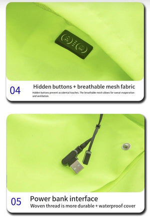 LITEGUEST USB Heated Reflective Waterproof Work Jacket in neon lime green with USB power interface.
