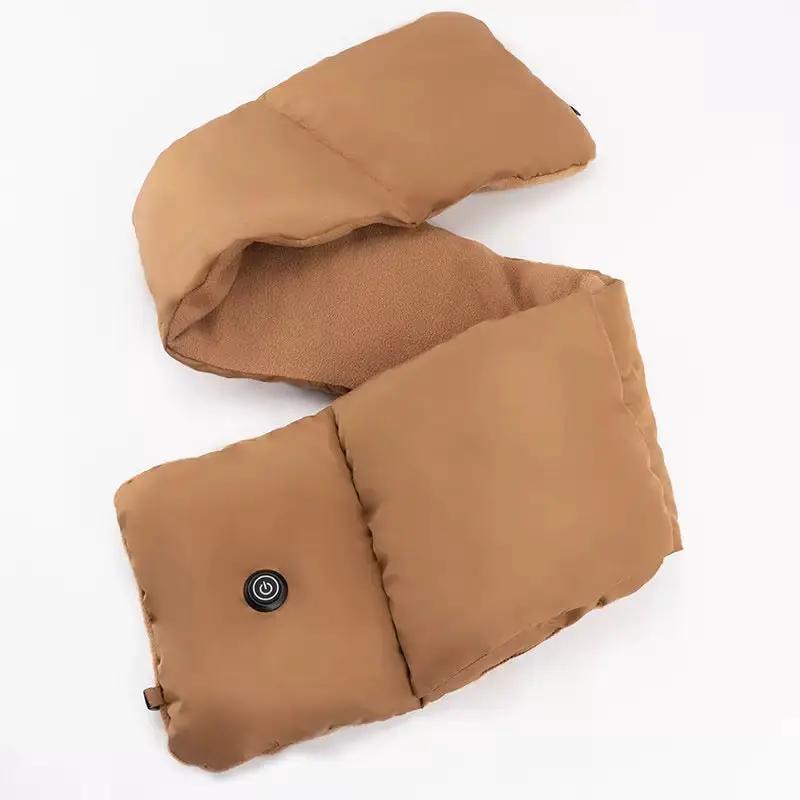 LITEGUEST USB heated neck scarf in tan, quilted puffer style with a control button; SmartTherm OutdoorLiteGear Inc.