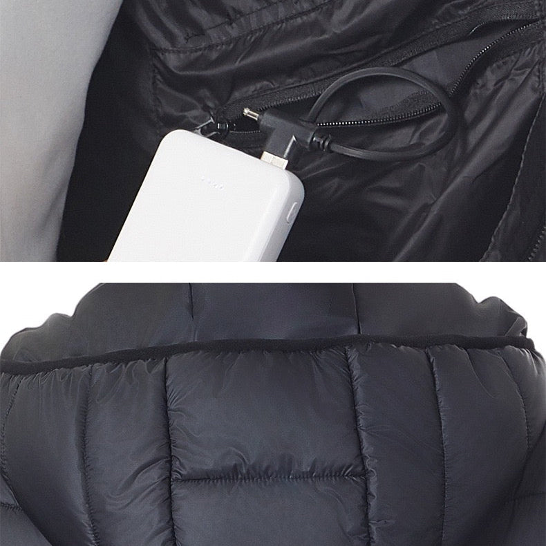 LITEGUEST 27-Zone Smart Heated Down Jacket, black puffer with interior USB battery pocket
