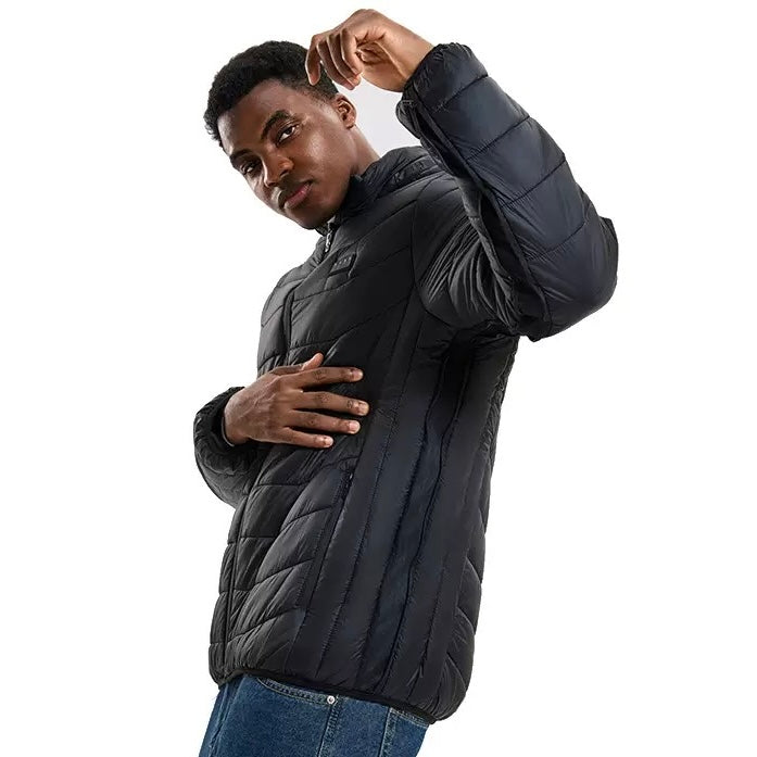LITEGUEST 27-Zone Smart Heated Down Jacket, black quilted puffer.