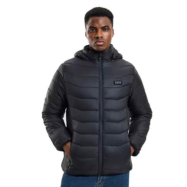 LITEGUEST 27-Zone Smart Heated Down Jacket, black puffer with hood by SmartTherm OutdoorLiteGear Inc.