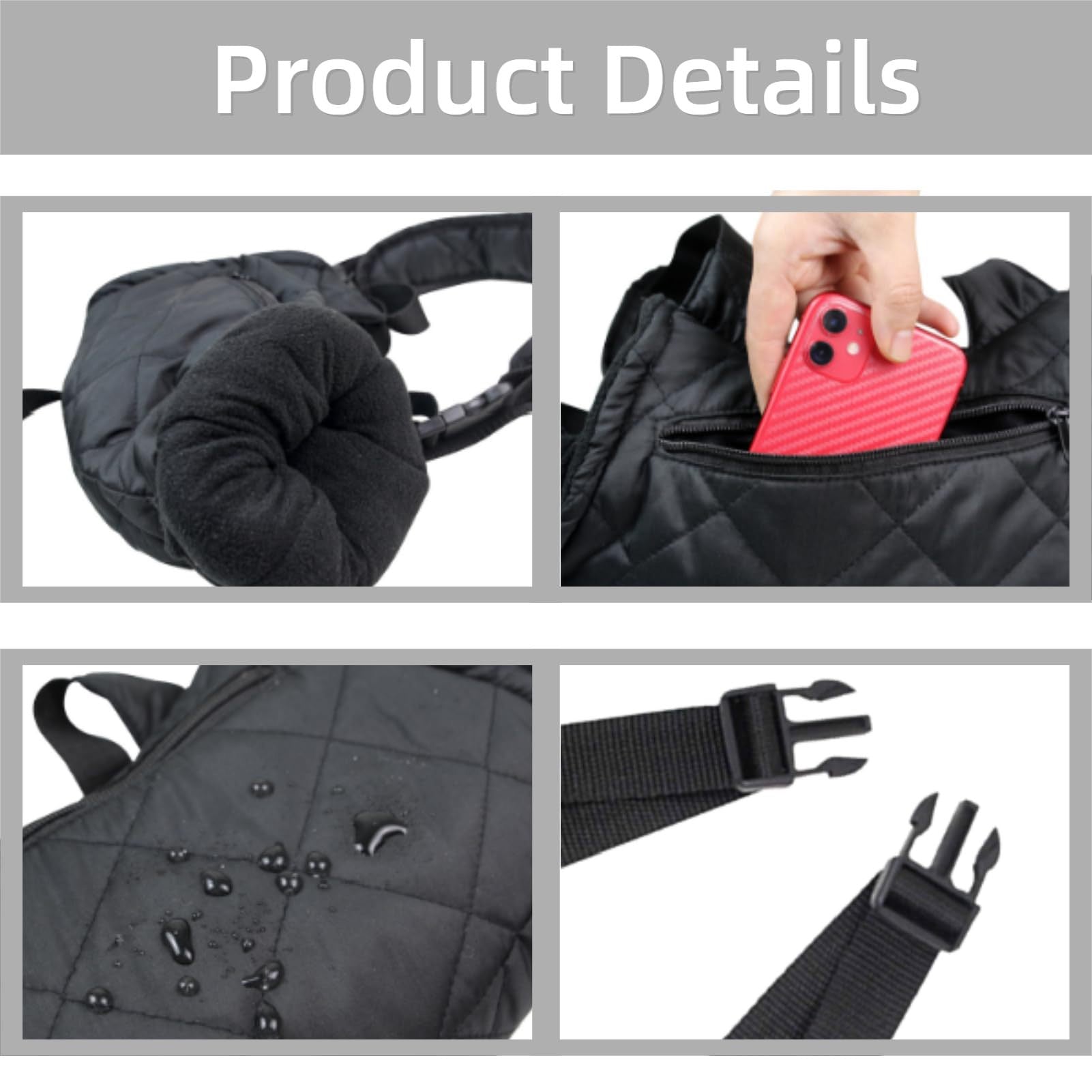 LITEGUEST USB Heated Hand Muff, black quilted hand warmer with zip pocket