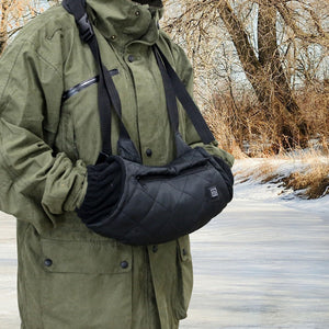 LITEGUEST USB heated hand muff in black quilted fabric for outdoor use