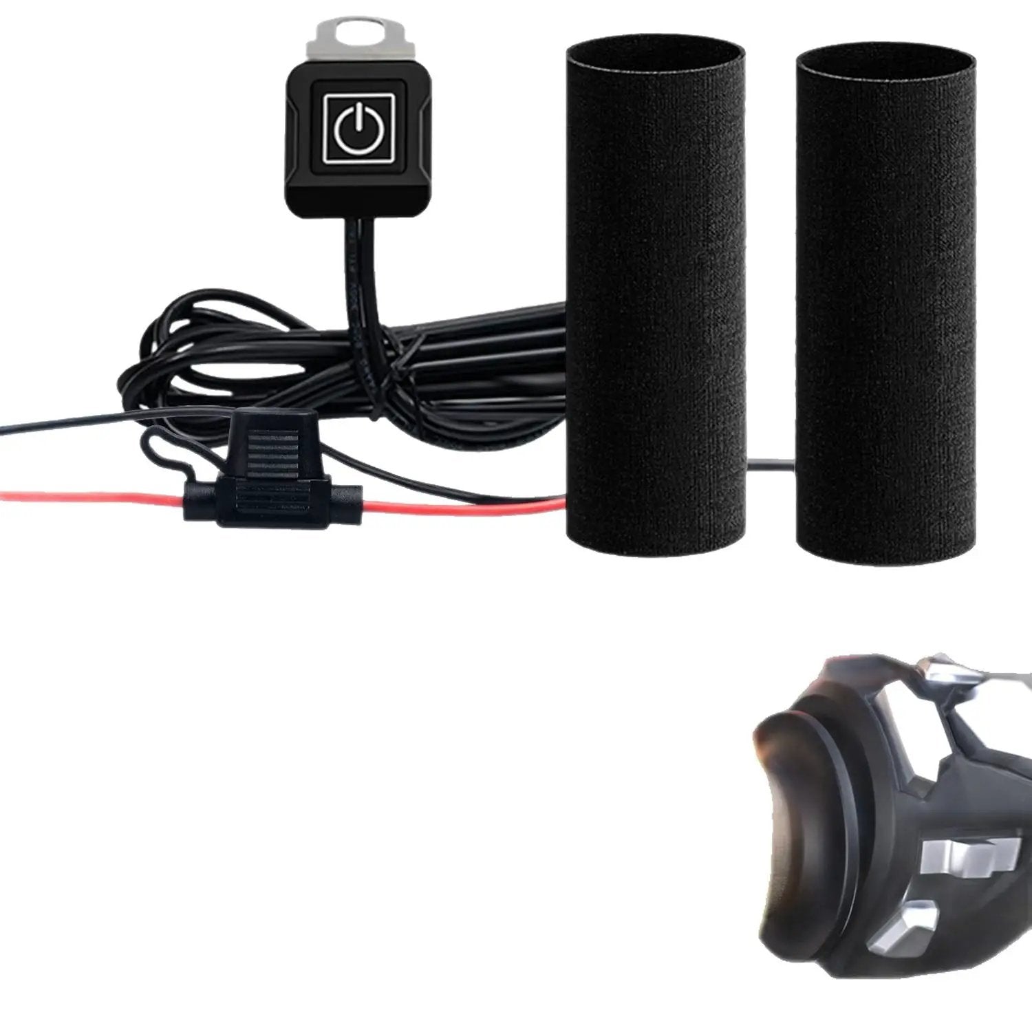 LITEGUEST USB Heated Handlebar Mitts pair for motorcycles, black foam grips with wired power switch.