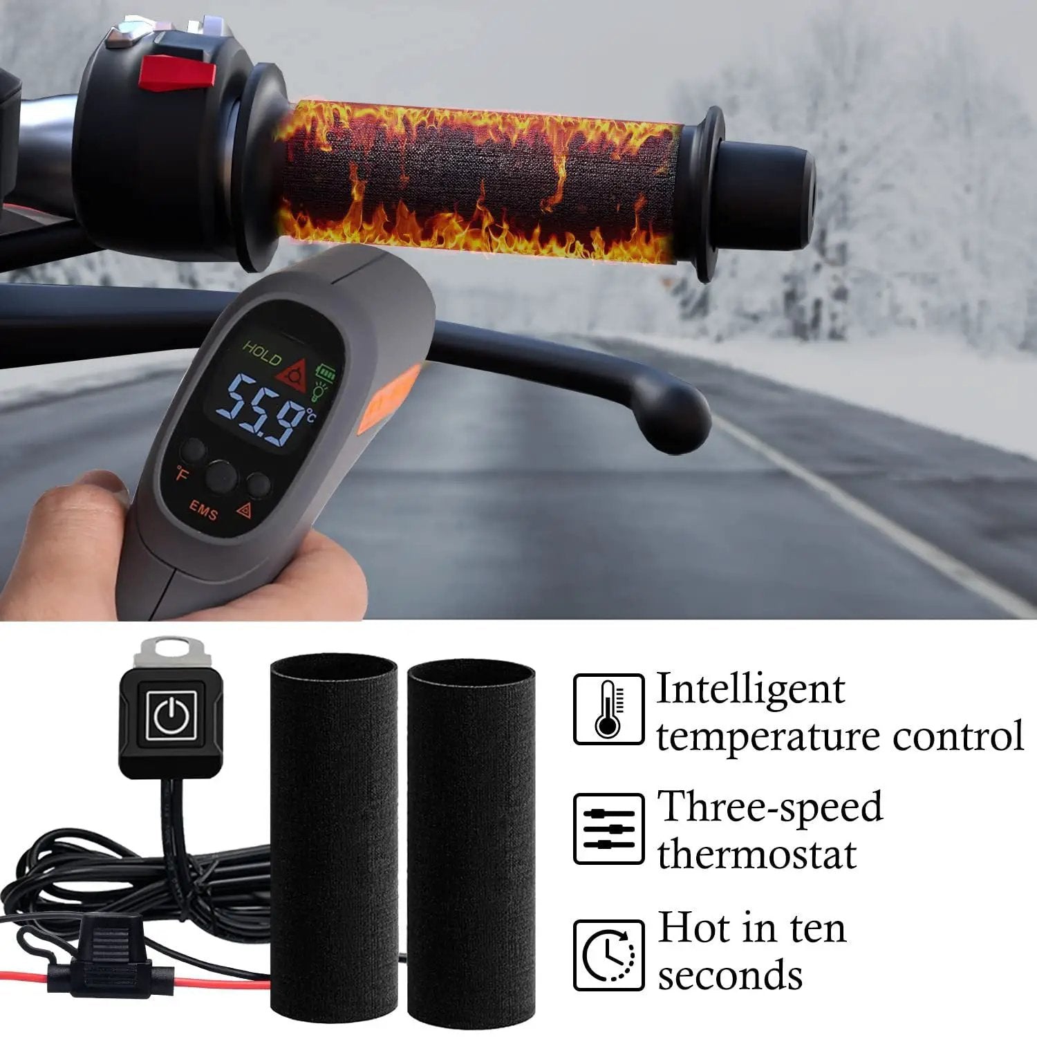 LITEGUEST USB heated handlebar mitts for motorcycle riding gear with a digital temperature controller displaying 59.9°C