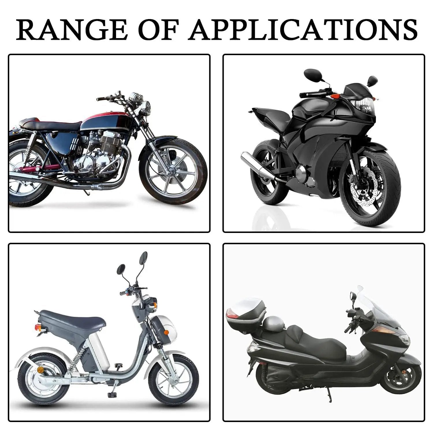 LITEGUEST USB Heated Handlebar Mitts range of applications image showing four motorcycles and scooters.