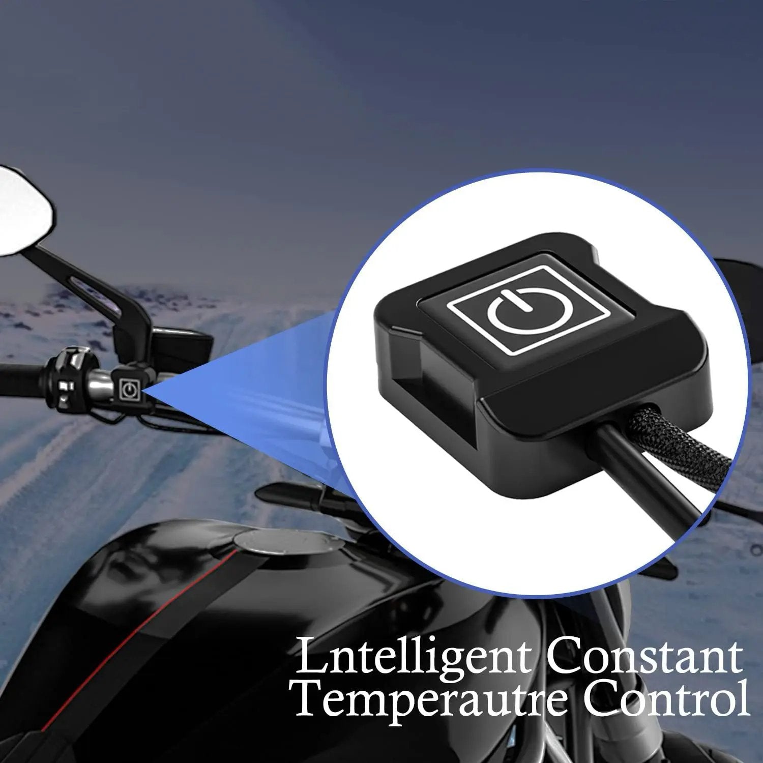 LITEGUEST USB heated handlebar mitts controller on motorcycle handlebars, black with power button for winter warmth.