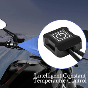 LITEGUEST USB heated handlebar mitts controller on motorcycle handlebars, black with power button for winter warmth.