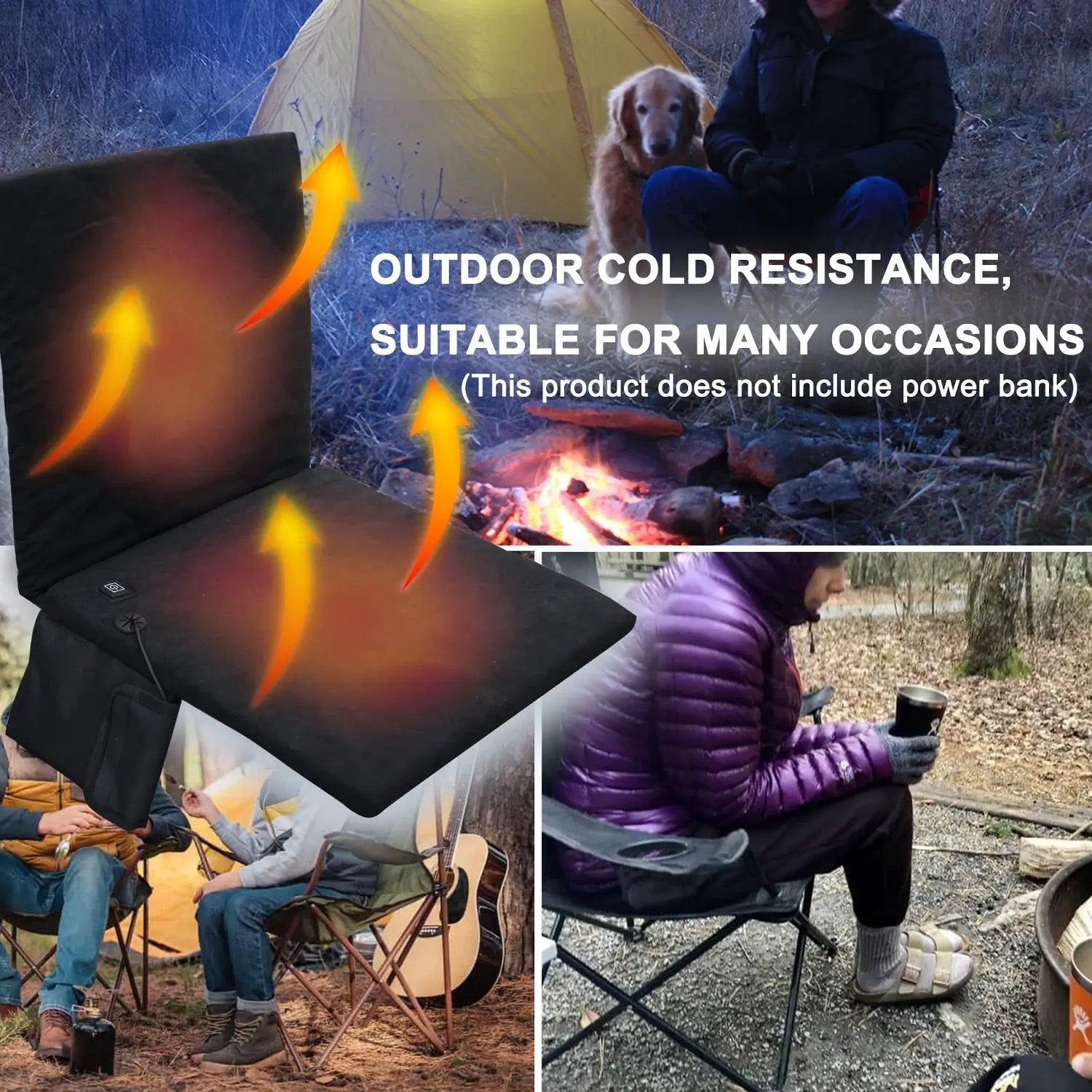 Black heated outdoor seat cushion with backrest for camping from SmartTherm OutdoorLiteGear, with built-in control.