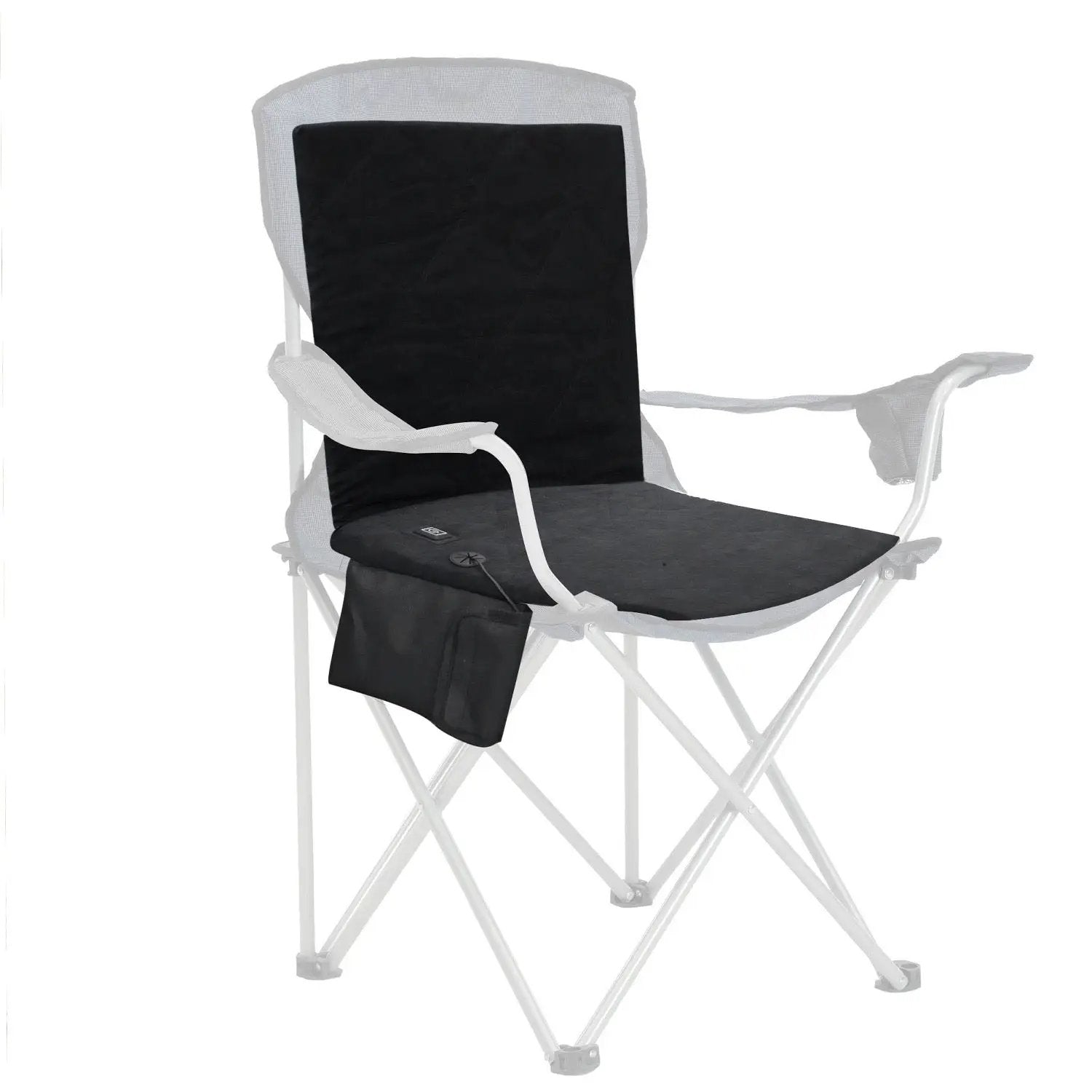 Heated outdoor seat cushion with backrest, black cushion on white folding camping chair with attached controller pouch