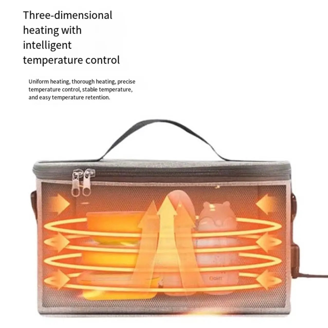 LITEGUEST USB heated lunch bag, brown insulated portable lunch bag with warming coils