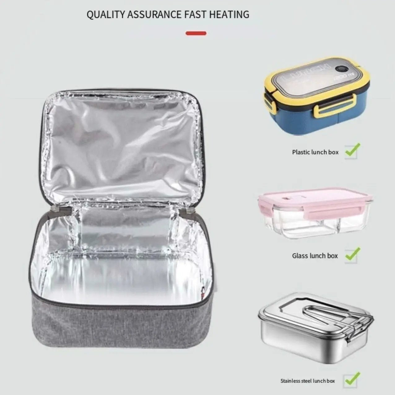 LITEGUEST USB heated lunch bag by SmartTherm, gray fabric with insulated aluminum lining; features assorted lunch boxes.
