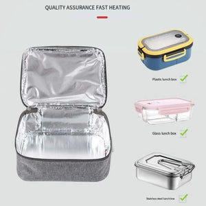 LITEGUEST USB heated lunch bag by SmartTherm, gray fabric with insulated aluminum lining; features assorted lunch boxes.