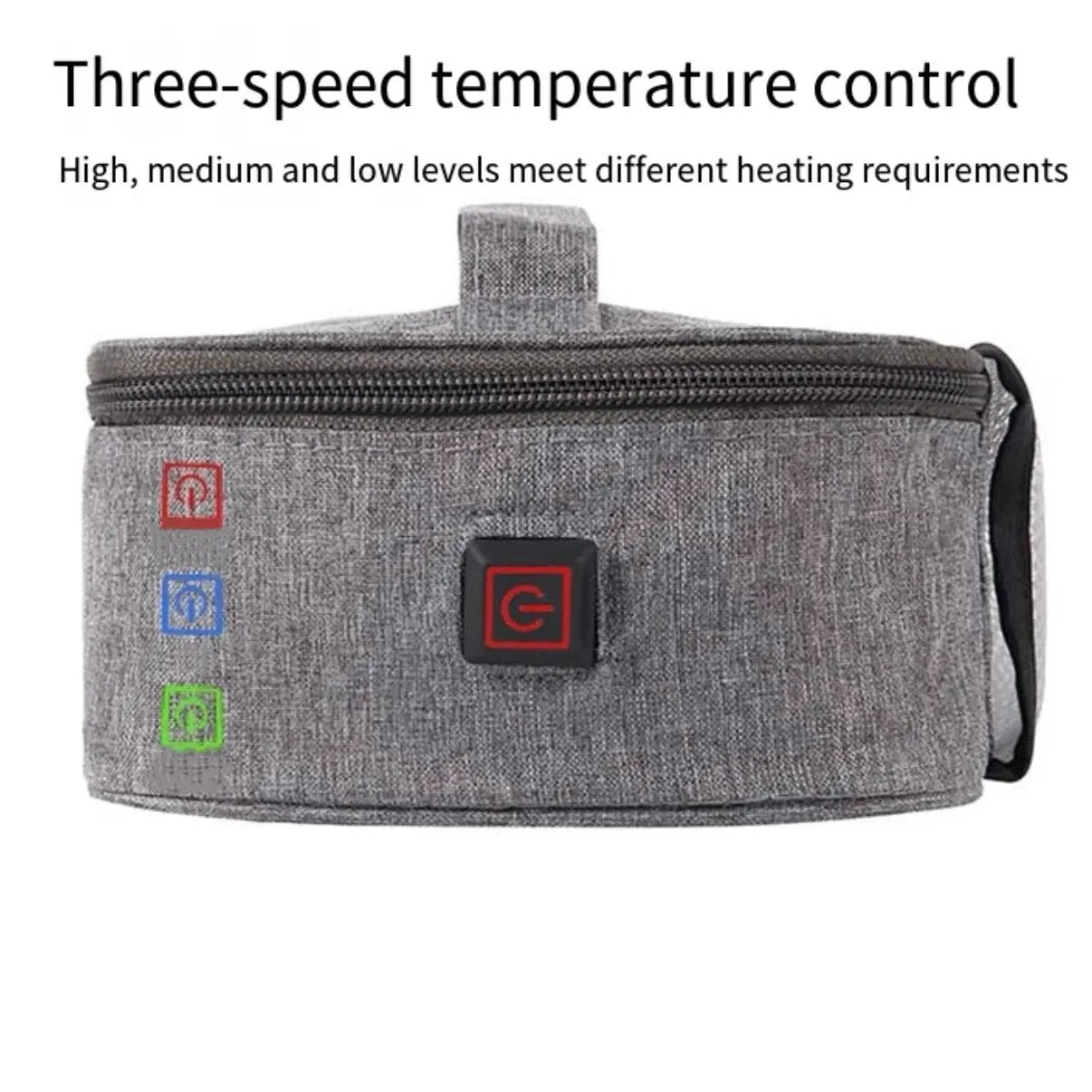 LITEGUEST USB heated lunch bag, gray fabric with three-speed temperature control for portable warmth