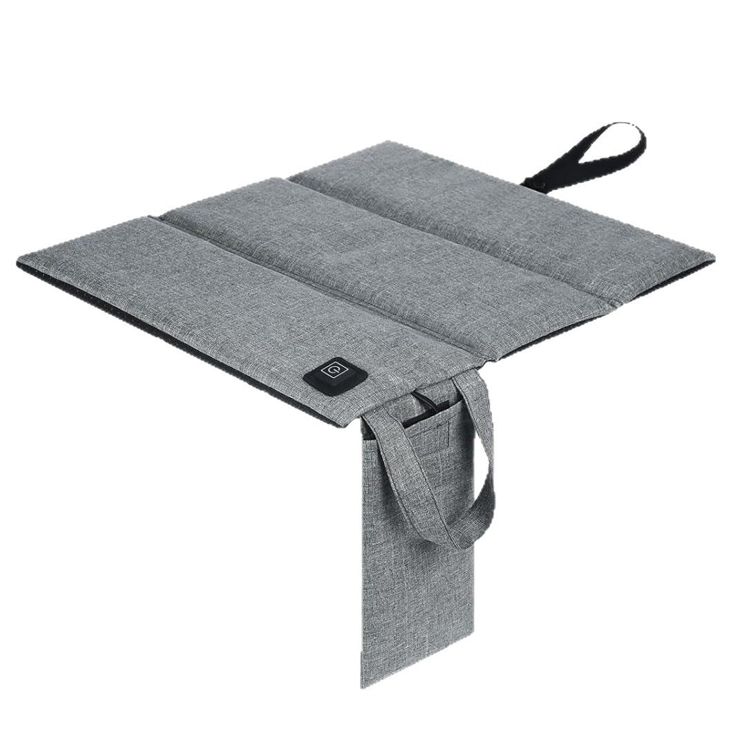 LITEGUEST Portable USB Heated Seat Cushion in gray fabric with carrying handles for outdoor camping.
