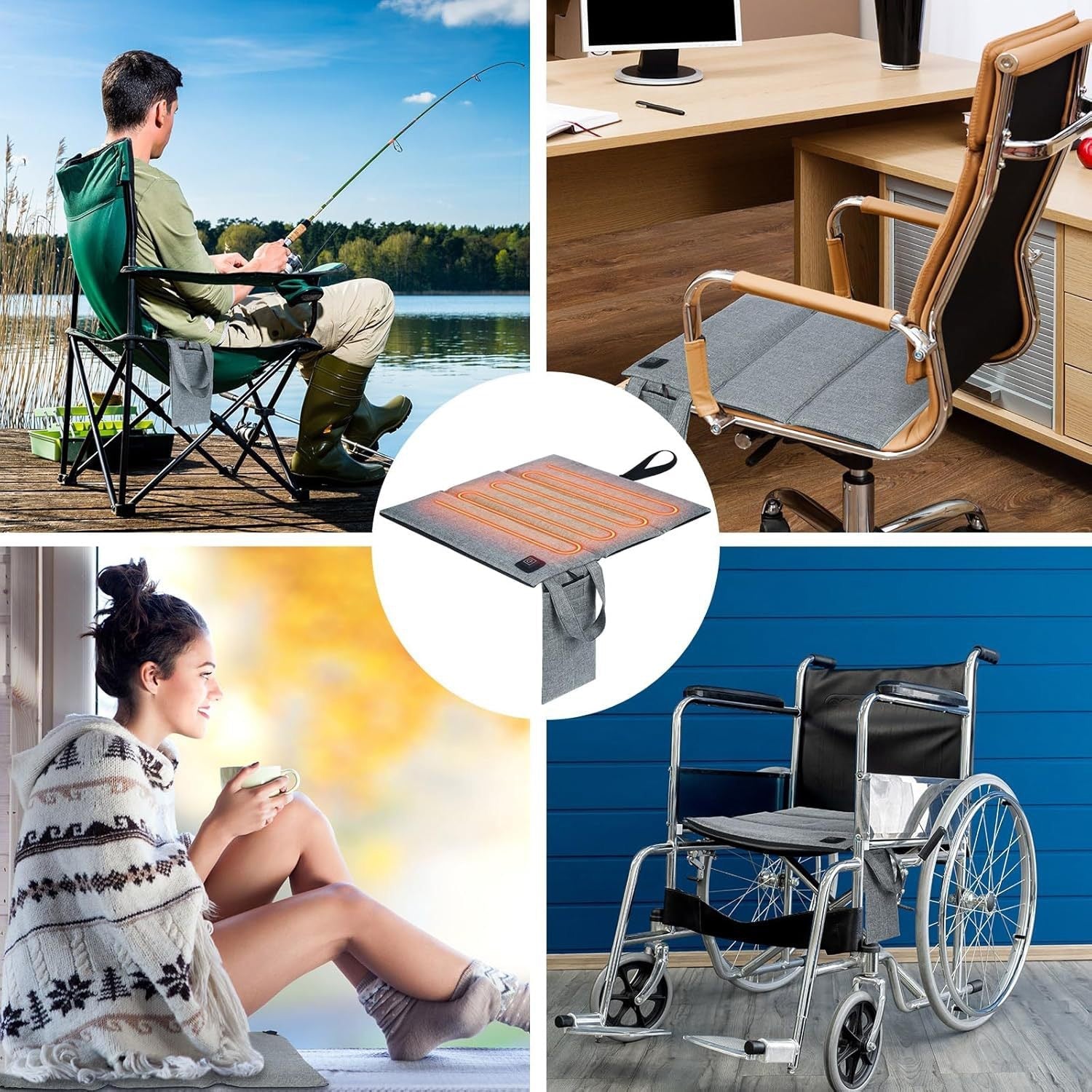 LITEGUEST Portable USB Heated Seat Cushion; gray fabric with orange heating strips and a carry handle