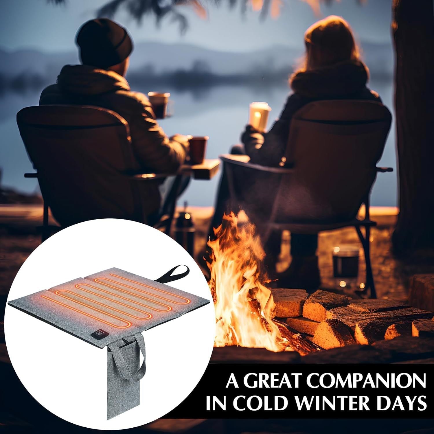 LITEGUEST Portable USB Heated Seat Cushion in grey fabric with orange heating coils