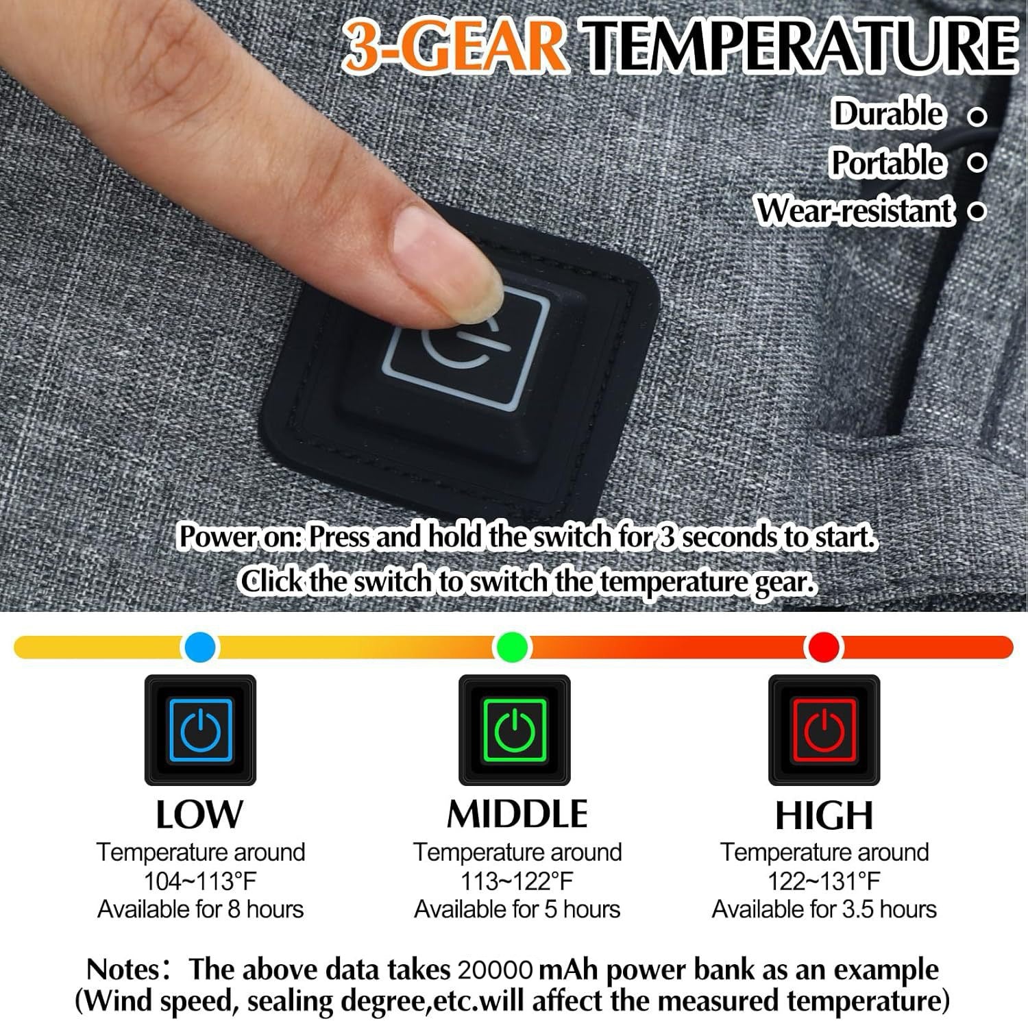 LITEGUEST portable USB heated seat cushion on gray fabric with 3-gear temperature controls.