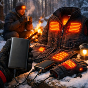 Power Bank LITEGUEST 20,000mAh black, ultra-compact charger connected to devices beside a snowy outdoor campfire